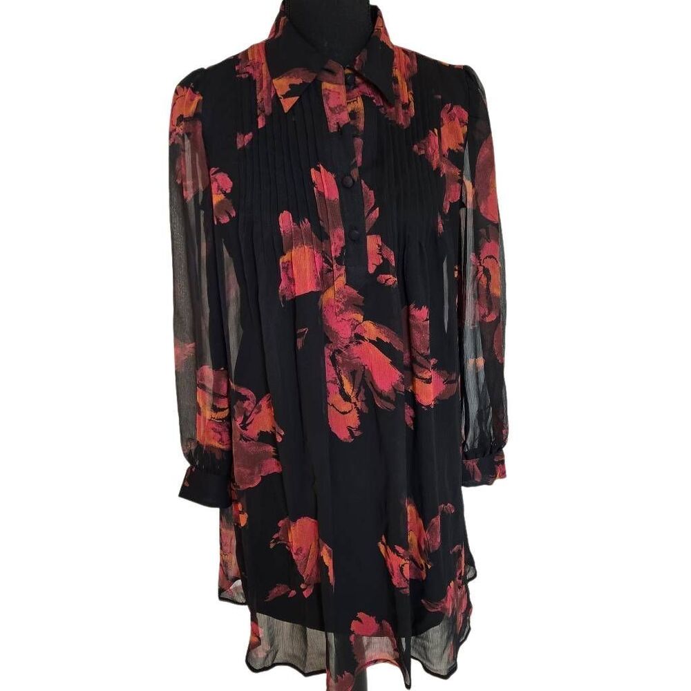 NEW Nine West Womens Black Red Floral Georgette Fabric Shirt Dress Small - Picture 2 of 12